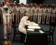 General Douglas MacArthur Signing Japanese Surrender Color 8 X 10 Photo