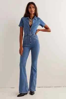 NWT $158 Free People Jayde Flare Slim Jumpsuit in Sunburst Blue L