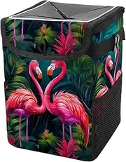 Car Trash Can with Lid and Storage Pockets Leak-Proof Organizer,Multipurpose Trash Bin for Car,Flamingo Palm Tree Tropical