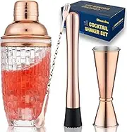 Gbuxska Cocktail Shaker Set - Glass Mixed Drink Shakers Cocktail Set, Martini Shaker with Strainer for Bars, Whiskey, Cocktails (Rose Gold Set)
