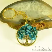 Blue Apatite Crystals Tree Of Life Keychain (Keyring) Brass Handmade Jewelry