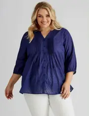 Autograph Top Plus Size 24 COTTON Shirt Blouse NAVY Button Up 3/4 Sleeve RP$90