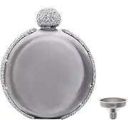 Hip Flasks 5OZ Smooth Crystal Bling Blings Stainless Steel Wine Alcohol Liquor Flask Sliver with Rhinestones Lid Party for Women Girls (White)