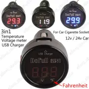 3in1 Digital LED 12V 24V Car Cigarette Lighter Voltmeter Thermometer USB Charger
