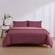Dreamaker Micro Flannel Reversible Grid Quilt Cover Set - Cherry