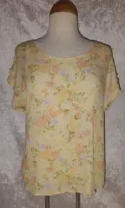 Pink Rose Yellow Floral Rayon Zip Neck Back Blouse Women's size M