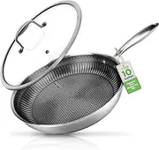 NutriChef 10" Stainless Steel Frying Pan - Triply Kitchenware Stir Fry Pan Kitchen Cookware w/Dakin Etching Non-Stick Coating, Scratch-Resistant Raised-up Honeycomb Fire Textured Pattern - NC3PL10