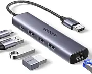 UGREEN USB 3.0 to Ethernet Adapter 5 in 1 Multiport Hub with Gigabit RJ45 and Type-C Power Port LAN Network Splitter for Laptop PC MacBook Mac Mini Surface XPS Windows Linux MacOS