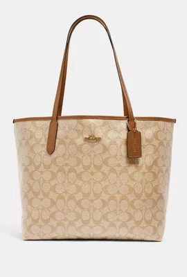 Coach City Tote Bag In Signature Canvas 5696 w Leather Details Gold Emblem (H65)