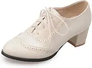 [mikarka] Vintage Oxford Shoes for Women Chunky Block Mid Heel Brogues Pumps Lace up Perforated Dress Shoes Saddle Oxfords