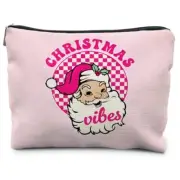 Pink Christmas Makeup Bag, Vintage Pink Checkered pink santa christmas