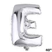 40" Silver Letter E Mylar Foil Balloon With Pink Ribbon and Inflating Straw