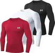 [MEETYOO] Men’s Compression Shirt, Base Layer Top Long Sleeve T-Shirt Sports Gear Fitness Tights for Running Gym Workout, Black + White + Red, M