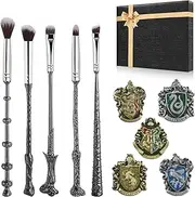 Harry Makeup Brushes with 5 Wizardary School Houses Pins, Potter Makeup Brushes Gift Set for Women Girls, Christmas Birthday Gifts for Kids
