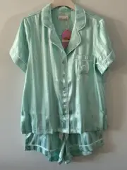 Peter Alexander Plus Aqua Penny Stripe Chic Satin PJ Set Size 2+ RRP$129.00