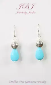 Turquoise Blue 8mm Tear Drop Shape Gemstone .925 Sterling Silver Earrings 1 1/4"