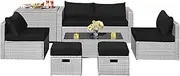 Costway 8-Piece Outdoor Patio Furniture Set, Outdoor Space-Saving PE Rattan Conversation Set,Patio Sectional Sofa Set with Washable Cushion Covers and Waterproof Cover (Gray/Black)