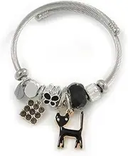 [Avalaya] Fancy Charm (Heart, Kitty, Butterfly, Crystal Beads) Flex Twisted Cable Cuff Bracelet In Silver Tone Metal (Black) - Adjustable - 17cm L, One Size, enamel