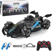 Rechargeable Remote Control Car with 2 Batteries, Lateral Movement, 360° Rotation, Driftina, Handle and Gesture Control, Music and Lights (Blue)