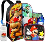 Super Mario Backpack with Lunch Box Set for Kids - Bundle with Mario Backpack, Mario Lunch Bag, Stickers, Water Bottle, More | Super Mario Backpack for Boys 4-6