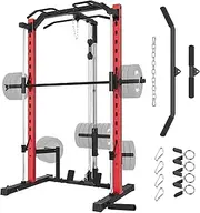 OPPSDECOR Smith Machine Power Rack with LAT-Pull Down System & Cable Machine, Multi-Functional Power Cage for Home Gym, Squat Rack with Barbell Bar, Weight Storage and More Training Attachment