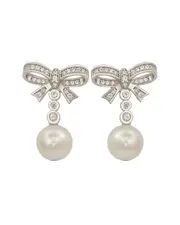 Suzy Levian Silver Created White Sapphire & 8mm Pearl Bow Earring