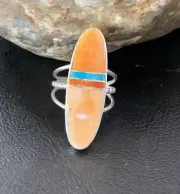 Red Spiny Oyster & Turquoise Navajo Sterling Silver Inlay Ring Size 6 11583