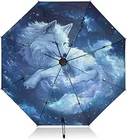 [RPLIFE] Compact Umbrella, Windproof Travel Umbrella, Automatic Open/close, Compact Size for Women Backpacks/Handbags, White Wolf Blue Galaxy