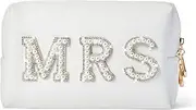 Bling Varsity Letter Makeup Bag - Pearl Rhinestone Patches, PU Leather, Waterproof Zipper Purse for Women