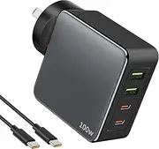 100W USB C Charger 4Ports 2C+2A GaN Fast Charger Laptop Power Supply PD PPS Fast Charger Compact Space Saving Type-C Cables Adapter for MacBook Pad Pro/Air, Phone 15 14 Pro Max (4Ports 2C+2A)