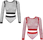 [NOIAFZY] 2Pcs Black Red Seductive Fishnet Lingerie Set Women's Long Sleeve Cut Out Crop Top Thong Lingerie Sets Sexy Alluring Confident Underwear for Women, Black Red, One Size