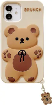 iPhone 14 Pro Max Case Cute iPhone Case Teddy Bear Creative with Keychain Cartoon Soft Silicone Bumper Shockproof Protective Case for Women Khaki