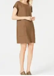 Eileen Fisher Textured Patch-Pocket Shift Dress in Pine Needle Brown Sz M ~NWT