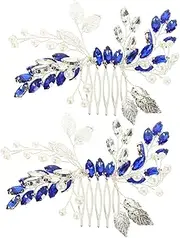 NULYLU 2 pcs Blue Rhinestone Hair Comb Elegant Leaf Bridal Side Combs for Wedding Hair Accessories Chic Decorative Hairpieces for Women Special Occasions