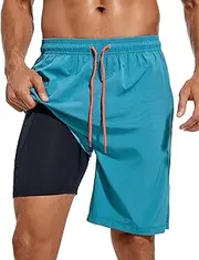 [difficort] Mens Swim Trunks Quick Dry Bathing Suit 9 inch Inseam Board Shorts with Compression Liner and Zipper Pocket