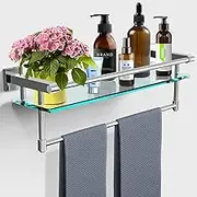 Bathroom Glass Shelf Towel Rack Shelf Glass Organizer Wall-Mounted Bathroom Storage SUS304 Stainless Steel Towel bar/Track Wall-Mounted Tempered Glass Stainless Steel Shelf (Chrome Polished, 20-inch)