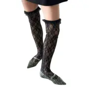 Fishnet Thigh High Stockings for Women Ruffle Trim Flower Lace Over Knee Socks
