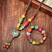 Vibrant Handmade Bohemian Wood, Leather Beaded Necklace ,Bracelet Set ,Gift Box