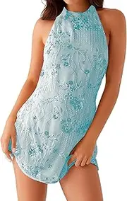 [DURUNUL] Women Sparkly Sequin Mini Halter Dress Sleeveless Backless Glitter Rhinestone Beaded Short Mini Dress Party Clubwear