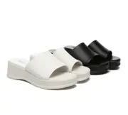 EVERAU® Women Leather Platform Wedge Slides Fiona - Black / AU Ladies 9 / AU Men 7 / EU 40