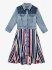 DESIGUAL Ruffle Dress 36 US 2 Patchwork Denim Jacket Flare Stripe Metallic Skirt