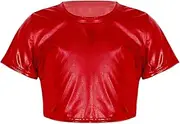 [FEESHOW] Kids Girls Shiny Metallic Crop Tops Boys Short Sleeves T-Shirt for Modern Dance Performance Costume