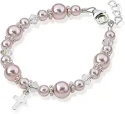 [Crystal Dream] Christening Sterling Silver Cross Charm Keepsake Girl Baby Bracelet with Swarovski Simulated Pink Pearls White Crystals (B123)
