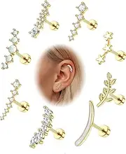 [Sanfenly] 8 Pcs 16G 316L Stainless Steel Cartilage Stud Earring Set for Women Girls Opal CZ Leaf Bar Flat Screw Back Conch Helix Daith Piercing Jewelry