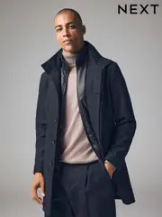 Black Wool Blend Mock Gilet Herringbone Padded Coat (959380) | $180
