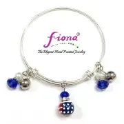 Red White Blue Bracelet American Flag Adjustable Bangle Patriotic Silver Woman