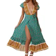 Nevenka Women Boho Summer Maxi Dress Side Split Deep V Neck Floral Dress-Light Green