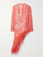 [LAPOINTE] LAPOINTE - Asymmetric Feather-trimmed Sequined Crepe De Chine Tunic - Coral - small small Orange