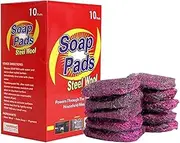 Generic Steel Wool Soap Pads - 10-Pack Brillo Pads with Soap | Cleaning Steel Wool Scrubber | Reusable Scouring Pads Non Scratch Pre-Soaped with Rich Lather for Kitchen Accessories