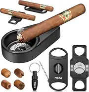 TISFA Cigar Ashtray Set, Portable Ash tray for Outdoor, Hole Punch, V Cutter with Draw Enhancer and Holder, Straight Cutter with Stand, Cigar Accessories Ashtray Gift Set